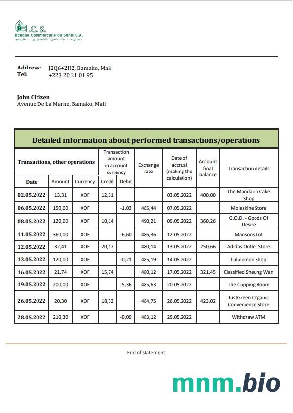 Szablon wyciągu bankowego Mali Banque Atlantiaque w programie Word i PDF